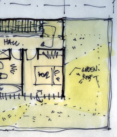 Detail of top floor plan (Sept 08) including one kid's bedroom, part of the WC, and SE elements of the green roof. Not your average post-war brick semi!