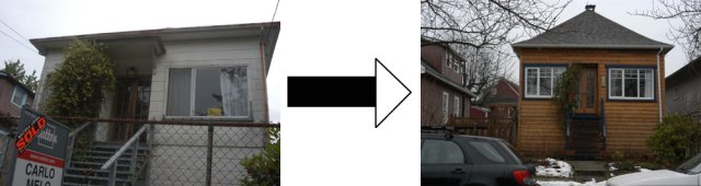 Before/after of the house with asbestos siding & fence versus cedar and no fence.